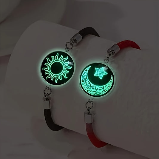 2 pulseras de pareja Yin-Yang que brillan en la oscuridad: cordón trenzado hecho a mano de moda con dijes de luz nocturna