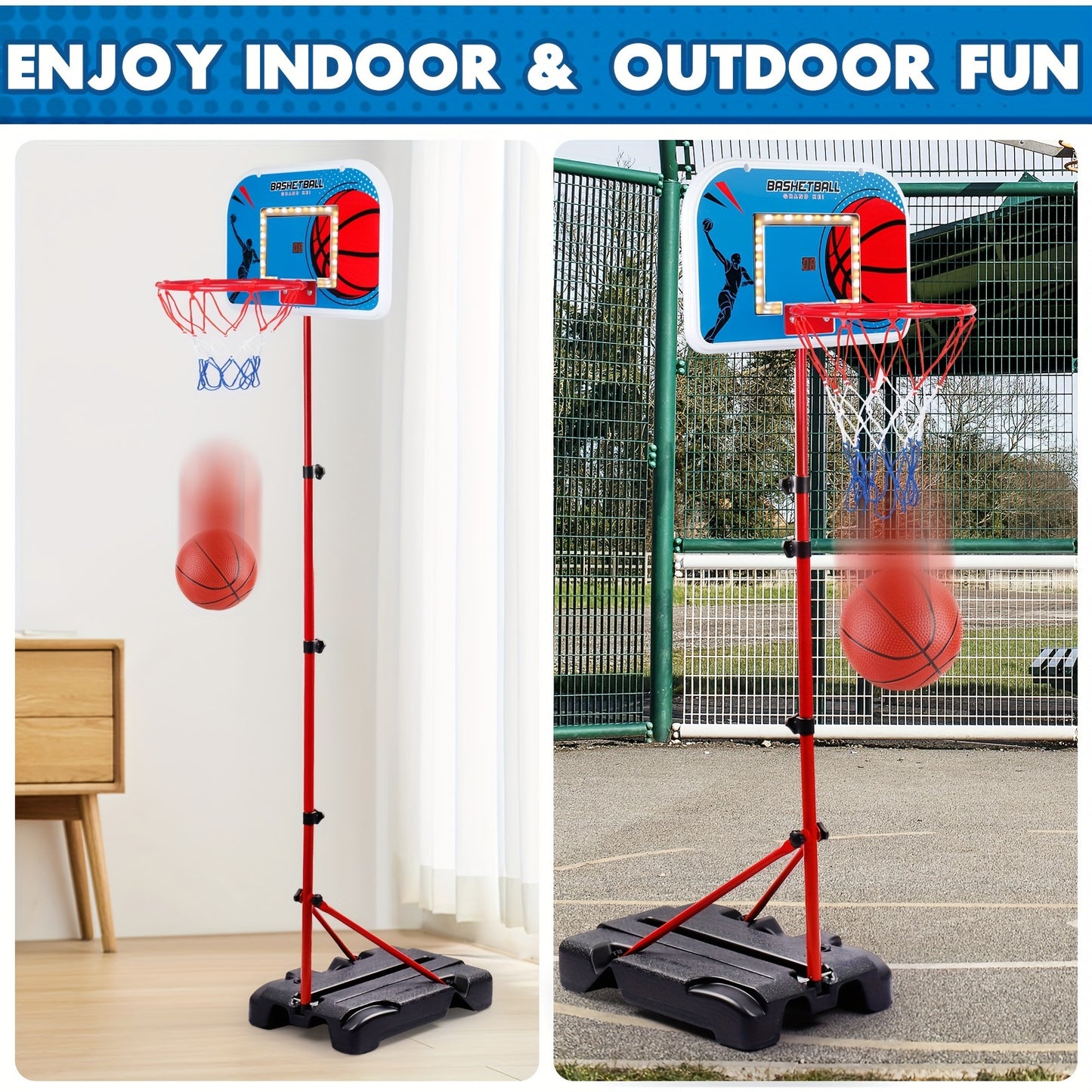 Juego de aro de baloncesto ajustable para niños: de 85,34 cm a 164,59 cm de altura, minijuego para interior y exterior con pelota para niños y niñas de 3 a 8 años, diseño plegable, regalo perfecto para las fiestas