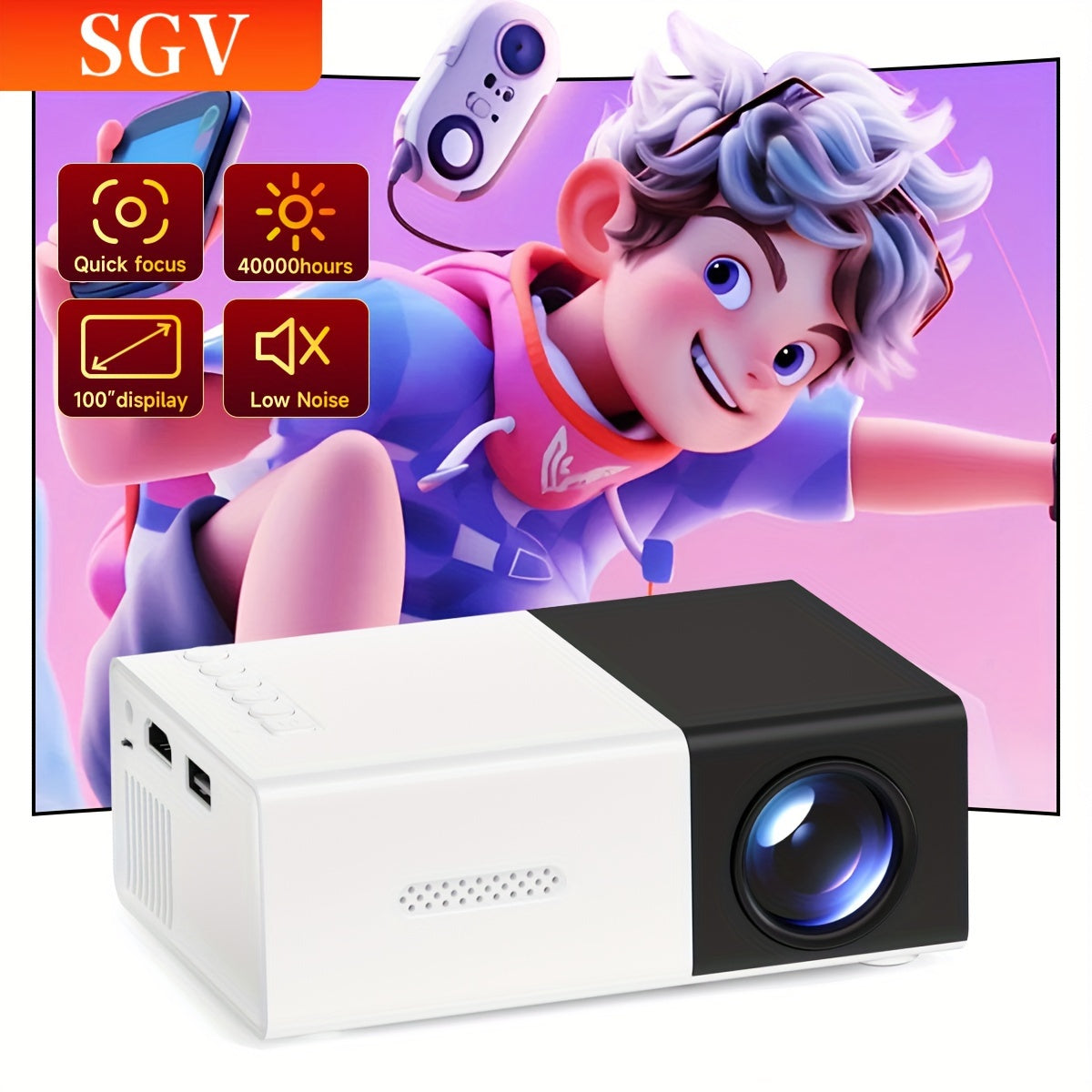 Miniproyector SGV, proyector portátil, proyector de películas para cine en casa, para exteriores, compatible con USB, audio, tarjeta TF (blanco y negro)