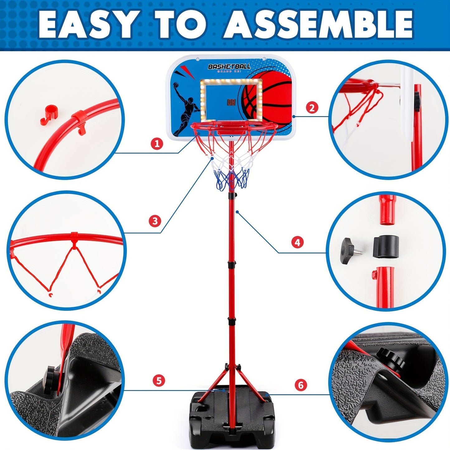 Juego de aro de baloncesto ajustable para niños: de 85,34 cm a 164,59 cm de altura, minijuego para interior y exterior con pelota para niños y niñas de 3 a 8 años, diseño plegable, regalo perfecto para las fiestas