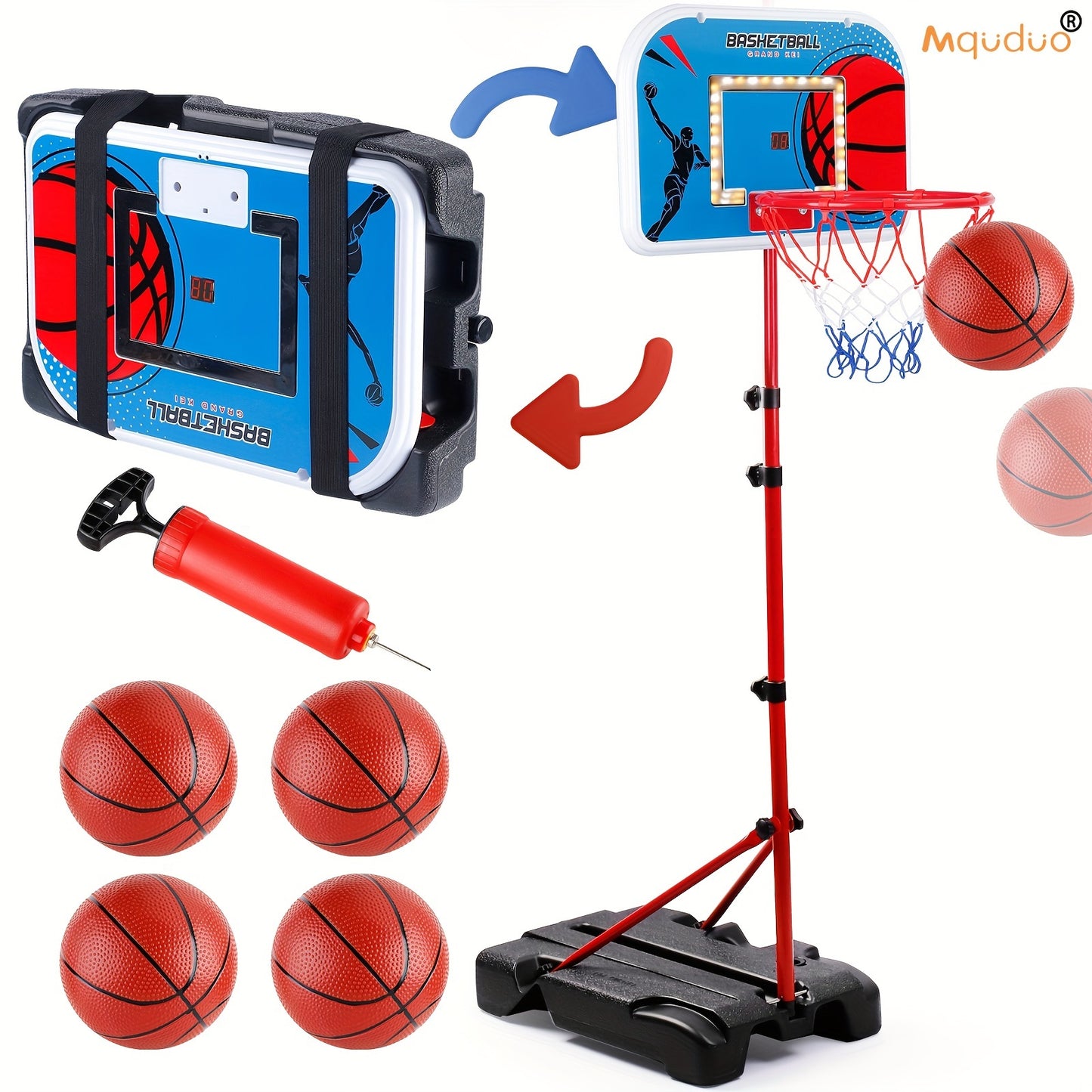 Juego de aro de baloncesto ajustable para niños: de 85,34 cm a 164,59 cm de altura, minijuego para interior y exterior con pelota para niños y niñas de 3 a 8 años, diseño plegable, regalo perfecto para las fiestas