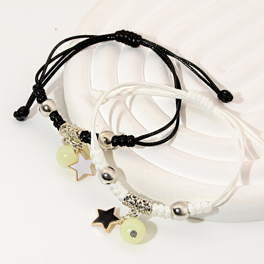 Juego de 2 pulseras luminosas para parejas, colgante de trébol de 4 hojas con corona de pentagrama, pulsera luminosa