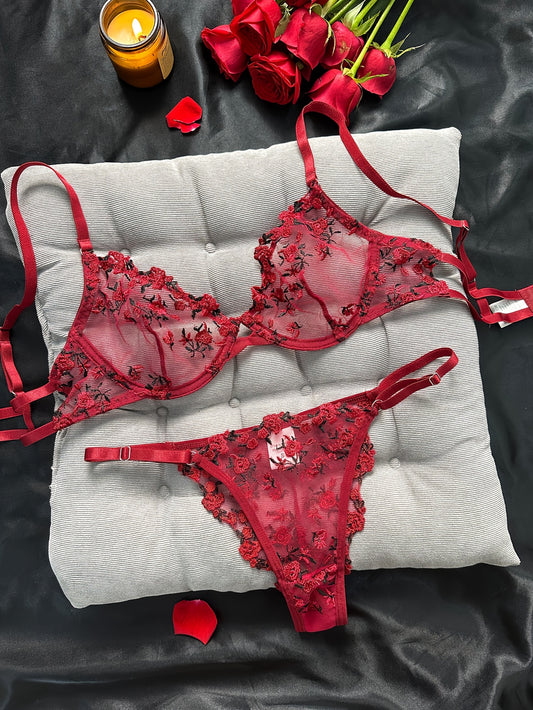 Conjunto de lencería con bordado floral, sujetador sin forro con aberturas y tanga de malla, lencería y ropa interior sexy para mujer