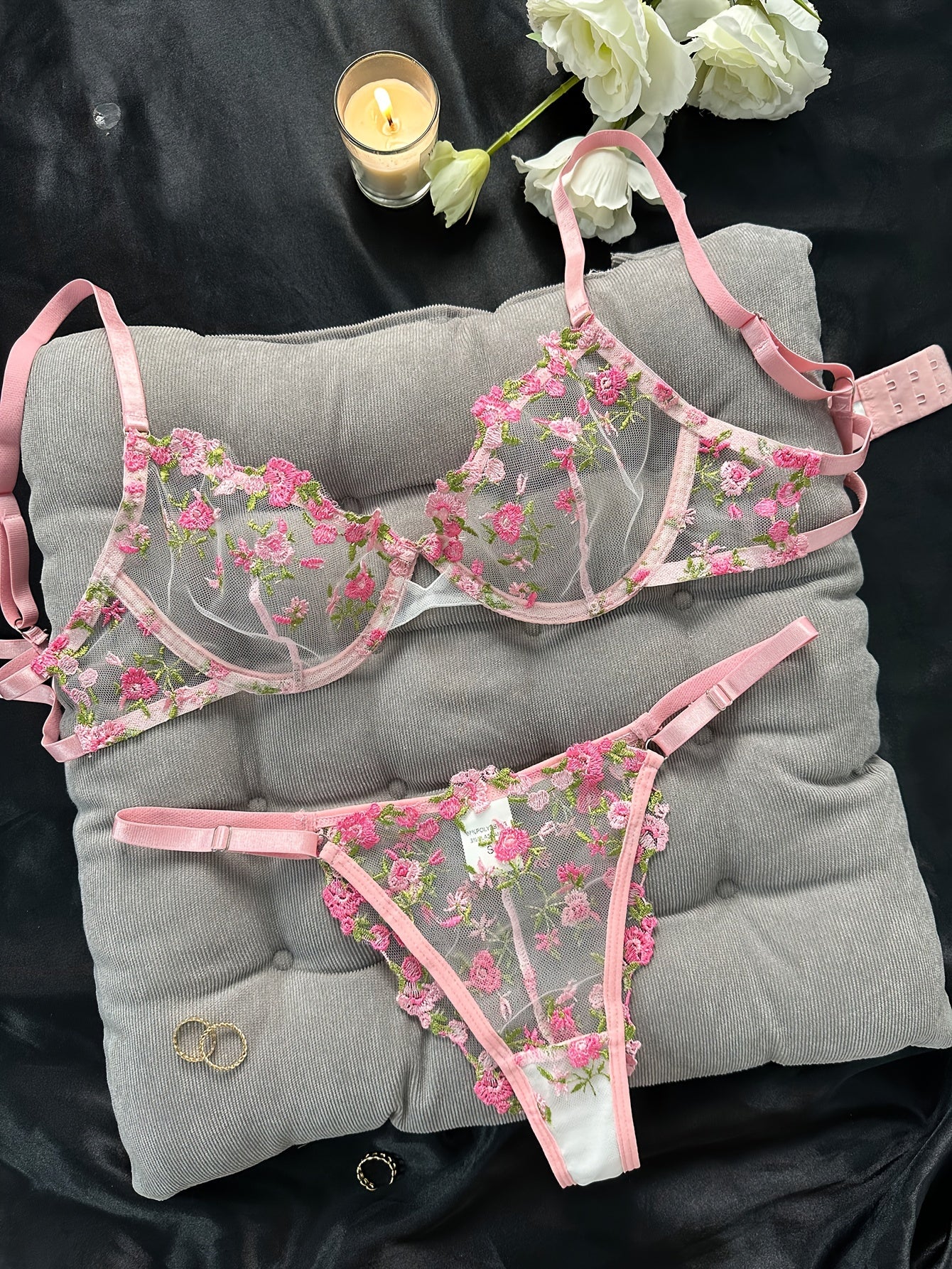 Conjunto de lencería con bordado floral, sujetador sin forro con aberturas y tanga de malla, lencería y ropa interior sexy para mujer