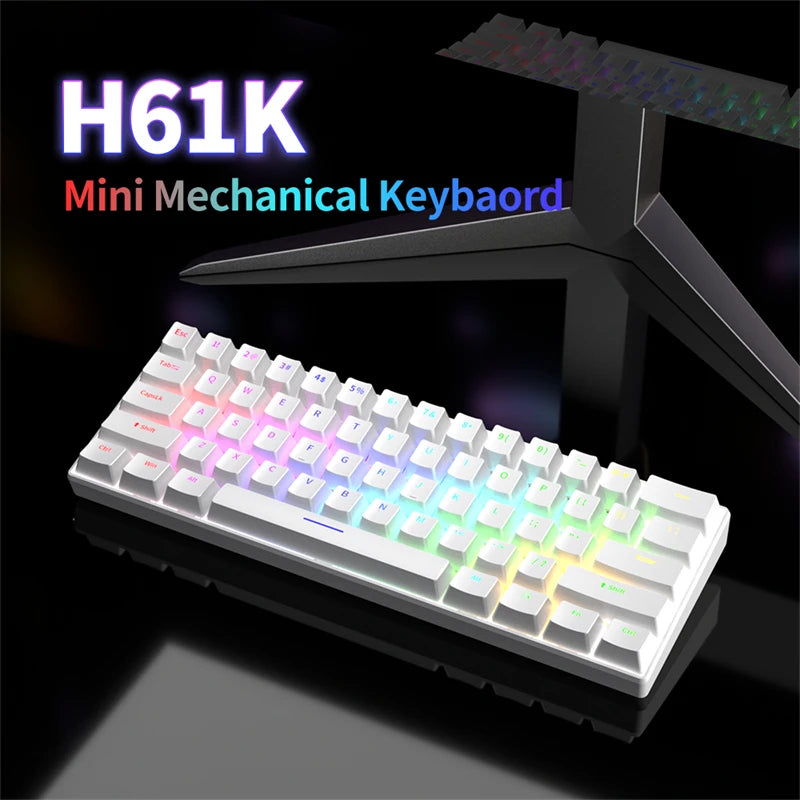 Mini teclado mecánico H61K negro con interruptores rojo, azul y marrón, 3 pines, intercambiables en caliente, USB tipo C, RGB, 61 teclas en español.