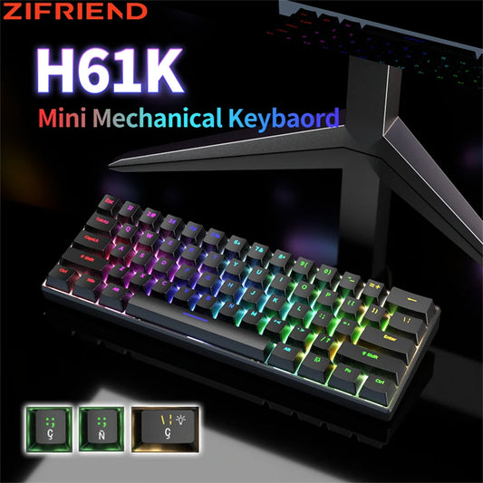 Mini teclado mecánico H61K negro con interruptores rojo, azul y marrón, 3 pines, intercambiables en caliente, USB tipo C, RGB, 61 teclas en español.