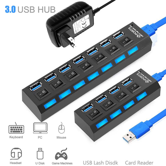 Concentrador USB 3.0 de 5 Gbps, divisor multiusb de alta velocidad, adaptador de corriente de 3 puertos, concentrador expansor múltiple de 4/7 puertos con interruptor para PC y portátil