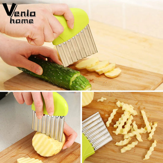 Cortador de patatas fritas, cebollas, rodajas, cuchillo ondulado arrugado, cortador de cuchillas dentadas, cortador de verduras y frutas, accesorios de cocina