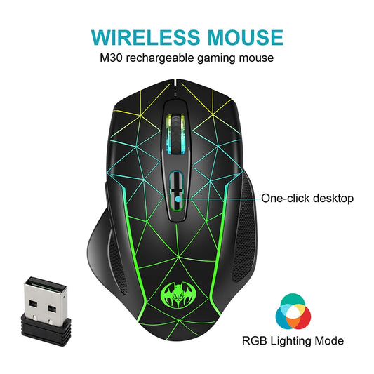 Ratón inalámbrico de 2,4 GHz con carga USB luminosa para gamers, ratón portátil silencioso para oficina, tableta, teléfono, PC, portátil, 3200 DPI