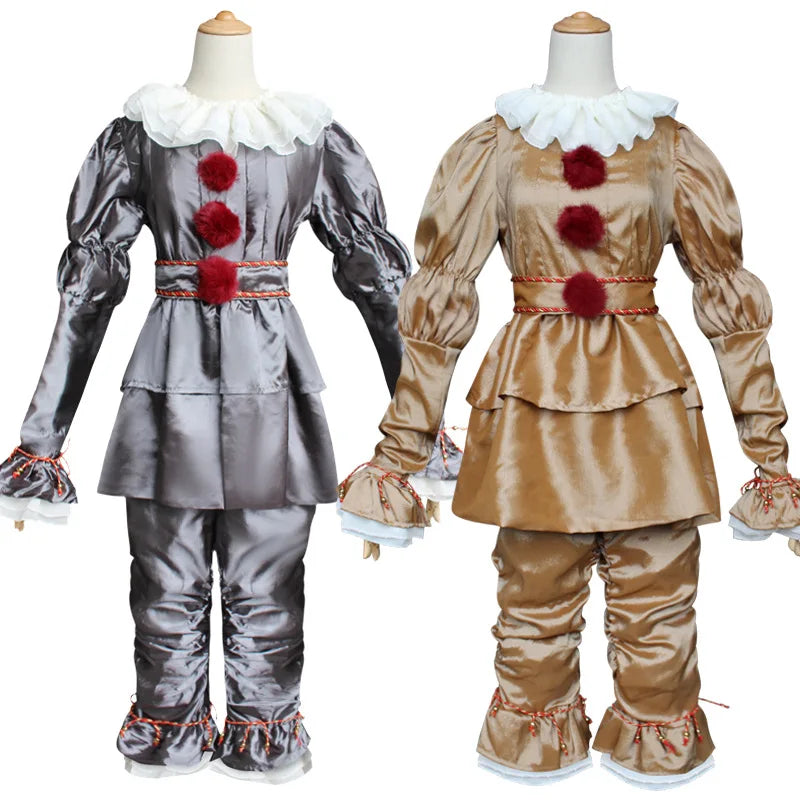 Disfraz de Cosplay Payaso Espalda Alma Penny Wise Disfraz de Halloween Payaso Dorado Plata Traje de Hombre Fiesta Actuación Novedad Mujer