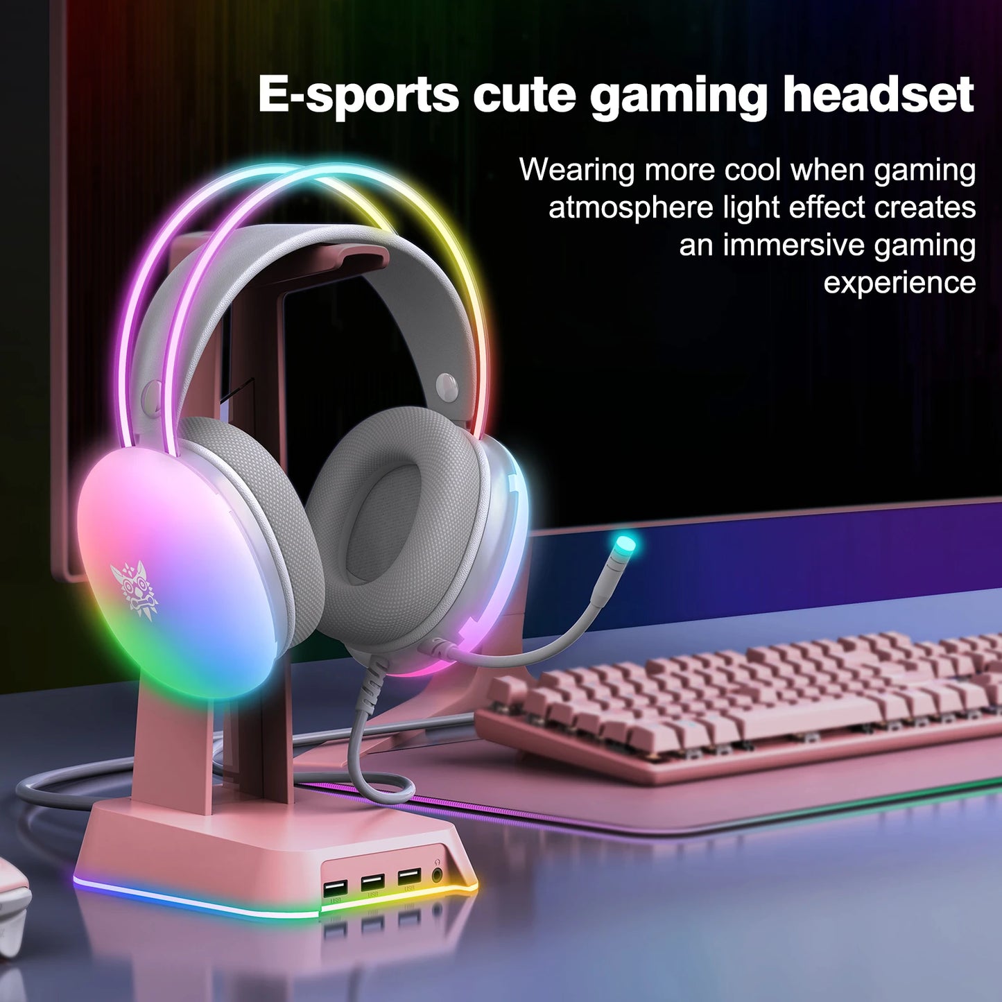 Auriculares para juegos profesionales con luz RGB dinámica completa, orejas de gato desmontables, auriculares con cable y micrófono para PC y PS5