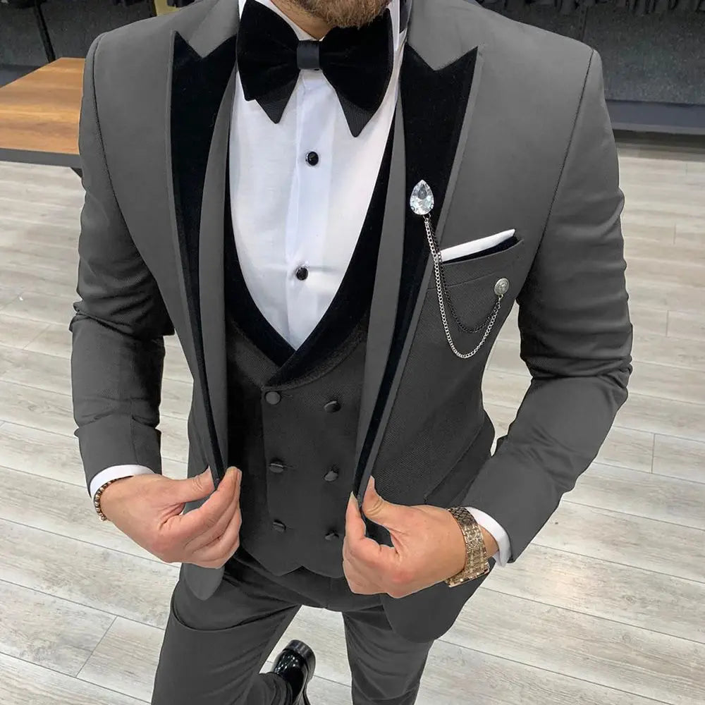 Trajes de hombre Wave Point de tres piezas, trajes de vestir para hombre, trajes casuales de oficina para viajes de negocios para boda (Blazer + chaleco + pantalones)