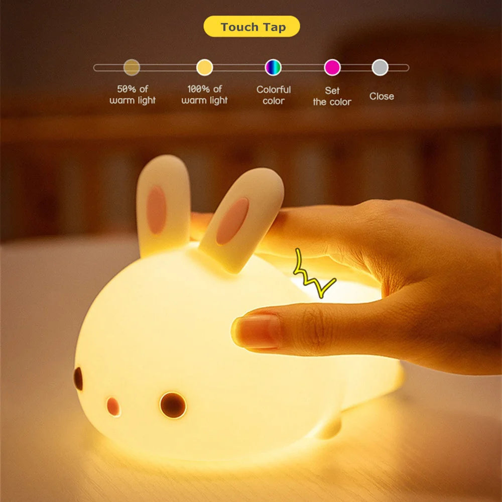 Lámpara de conejo de silicona recargable por USB con sensor táctil RGB LED de 16 colores para niños, juguete para bebés, regalo de festival