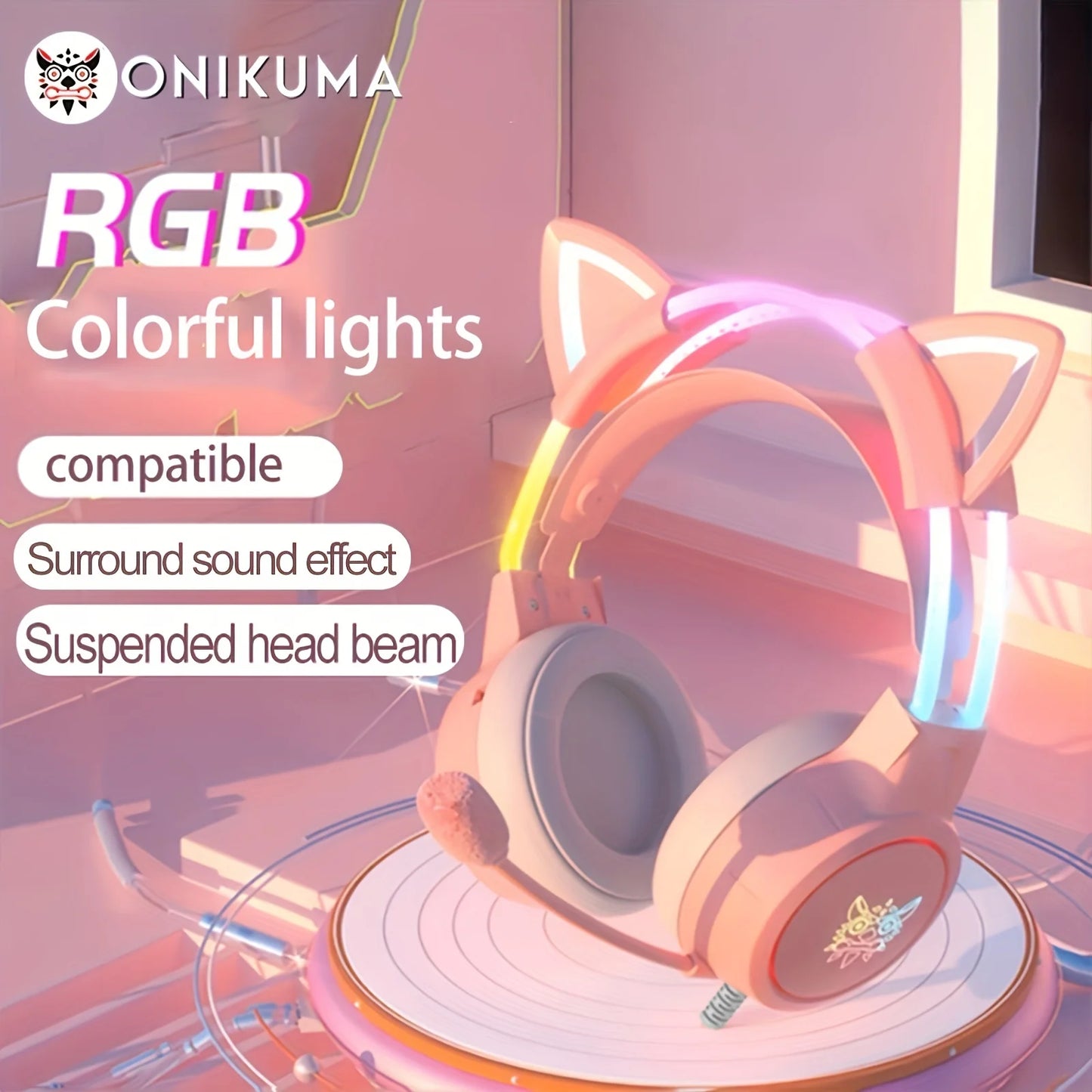 Paquete de auriculares para juegos de deportes electrónicos con luz RGB dinámica, orejas de gato desmontables, soporte para mouse, auriculares con cable y micrófono para jugadores