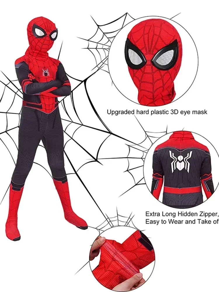 Nuevo disfraz de Cosplay para hombre, mono Zentai de Halloween, conjunto de mono de superhéroe de Peter Parker con diseño de araña de hierro para niños