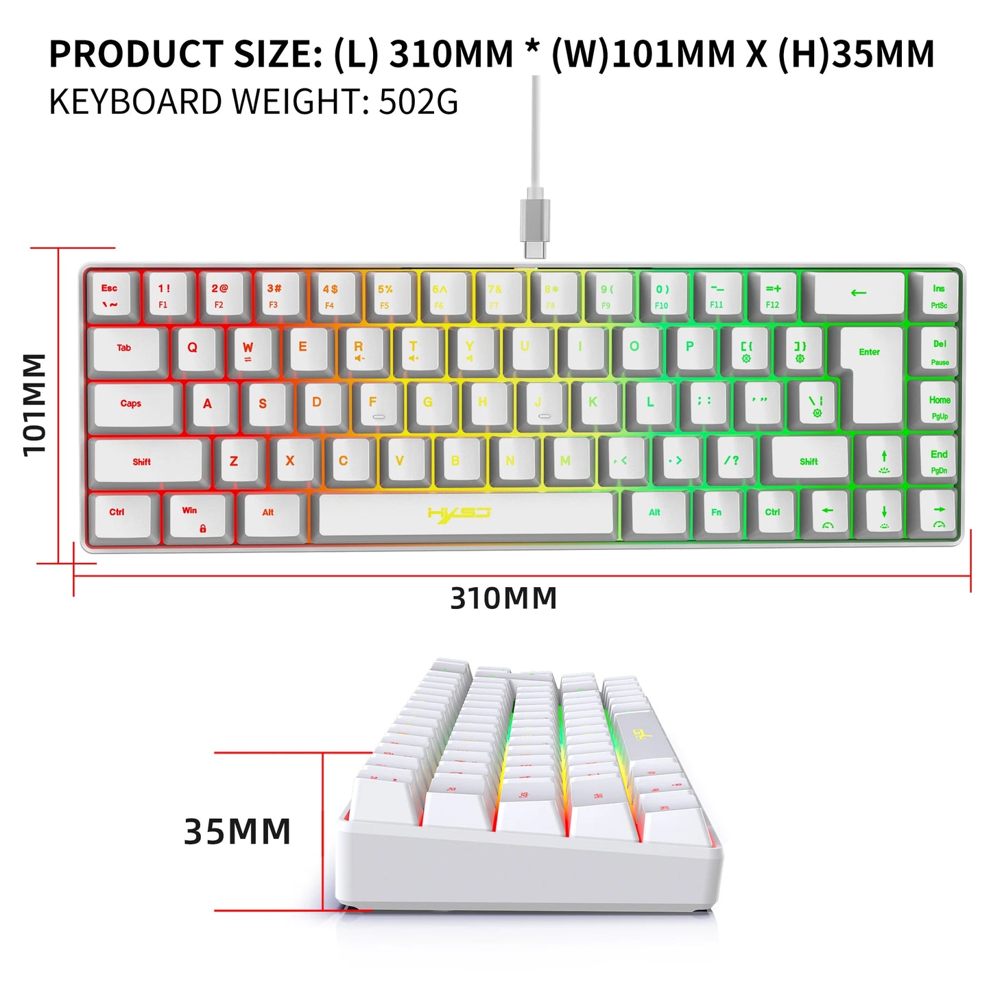 Teclado para juegos con cable USB de 68 teclas, portátil, con retroiluminación RGB de 20 teclas para computadoras portátiles con Windows