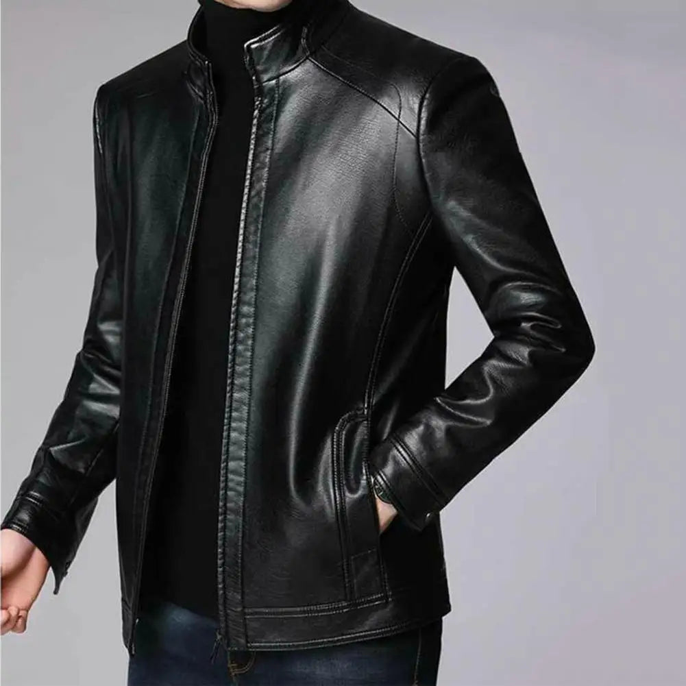 Chaqueta de piel sintética para hombre Chaqueta de motociclista de piel sintética para hombre con cuello alto Forro grueso y cálido Diseño resistente al viento para otoño