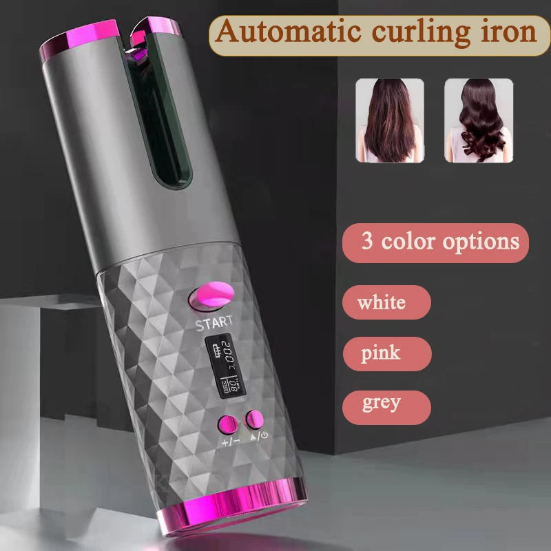 Rizador de pelo automático inalámbrico de cerámica con rotación automática, recargable por USB, pantalla LED, ondas de temperatura, portátil