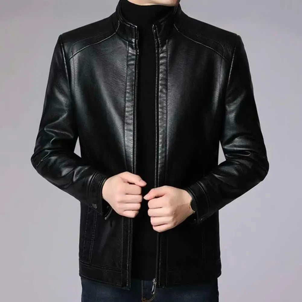 Chaqueta de piel sintética para hombre Chaqueta de motociclista de piel sintética para hombre con cuello alto Forro grueso y cálido Diseño resistente al viento para otoño