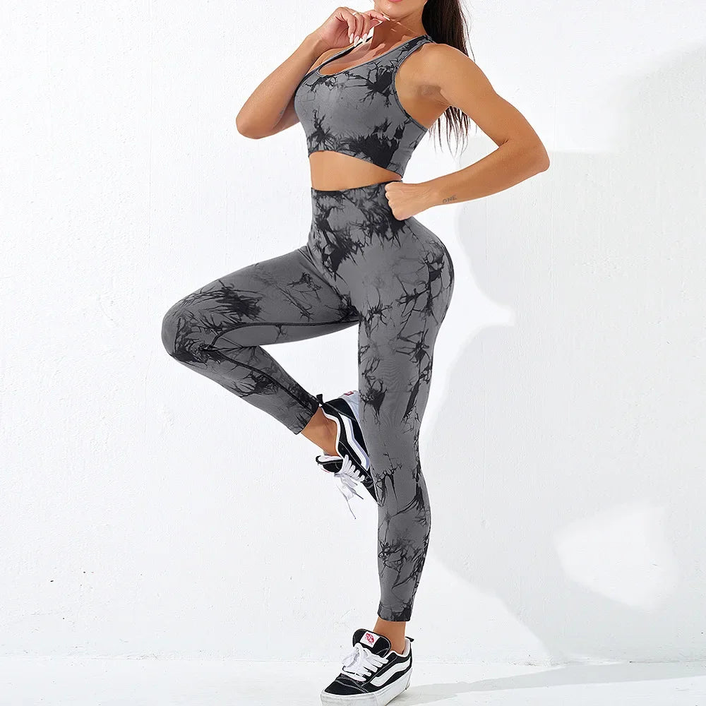 Conjunto de sujetador y pantalones de yoga sin costuras de cintura alta para mujer, conjunto de mallas de entrenamiento para correr y hacer ejercicio con teñido anudado