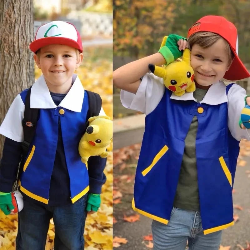 Disfraz de entrenador de anime para hombre y niño, disfraz de Ash Ketchum para adulto, para niña y mujer, conjunto de chaqueta azul, gorro y guantes para fiesta de Halloween