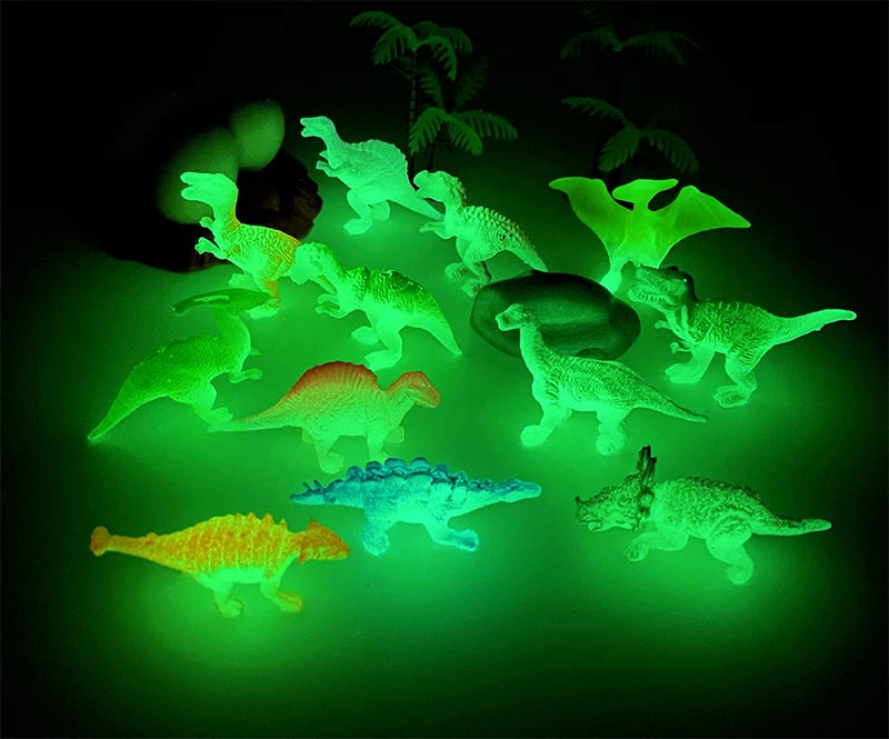 12 piezas/juego de mini figuras de dinosaurios de goma suave que brillan en la oscuridad, juguetes de simulación fluorescente, modelo de dinosaurio pequeño, decoración