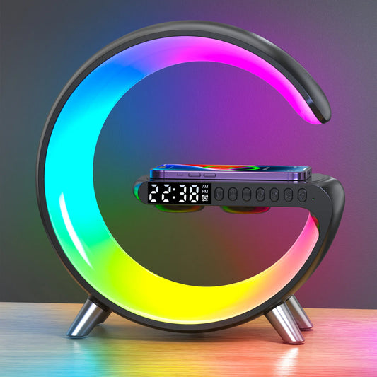 Multi Function G-Shaped Wireless Charger LED Lamp Alarm Clock Speaker Bedside Led desk Table Lamp With Wireless Charging