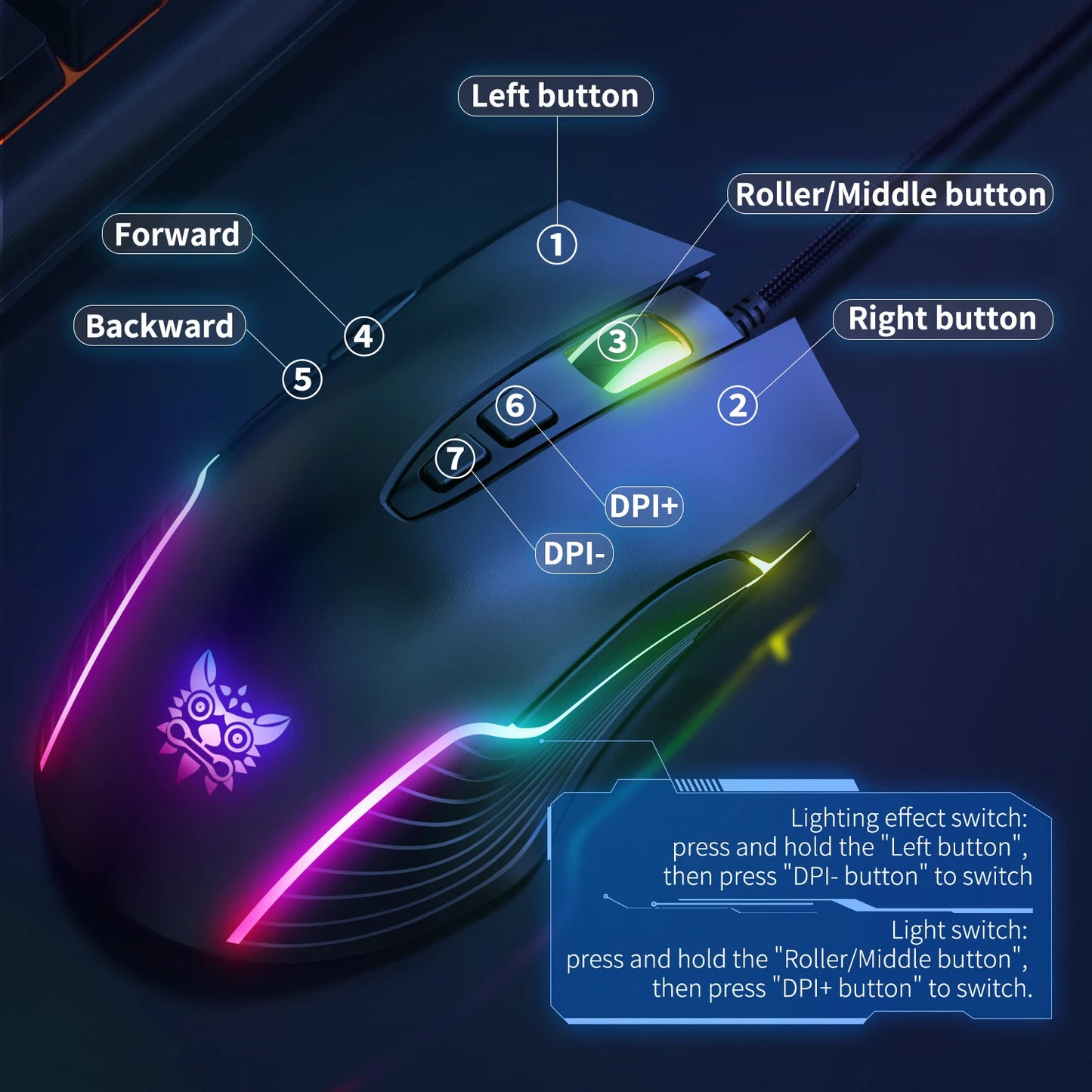 Ratón para juegos con cable, 6 niveles ajustables, 6400 DPI, 7 botones programables, 7 modos de iluminación RGB, ratón ergonómico para PC Gamer