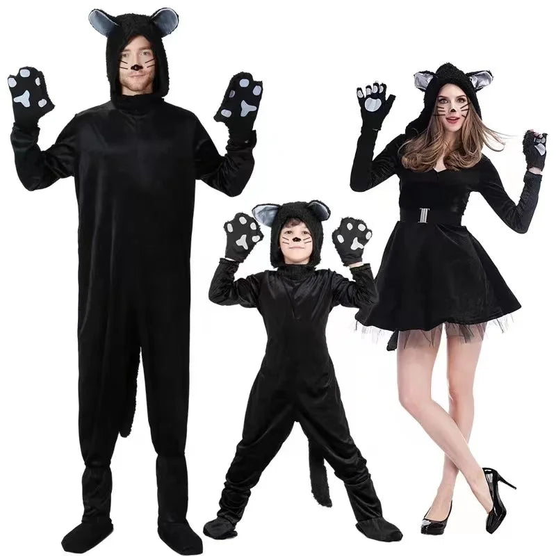 Disfraz de gato negro para niños, mono con guantes y sombrero, ideal para espectáculos en el escenario, fiestas de Halloween