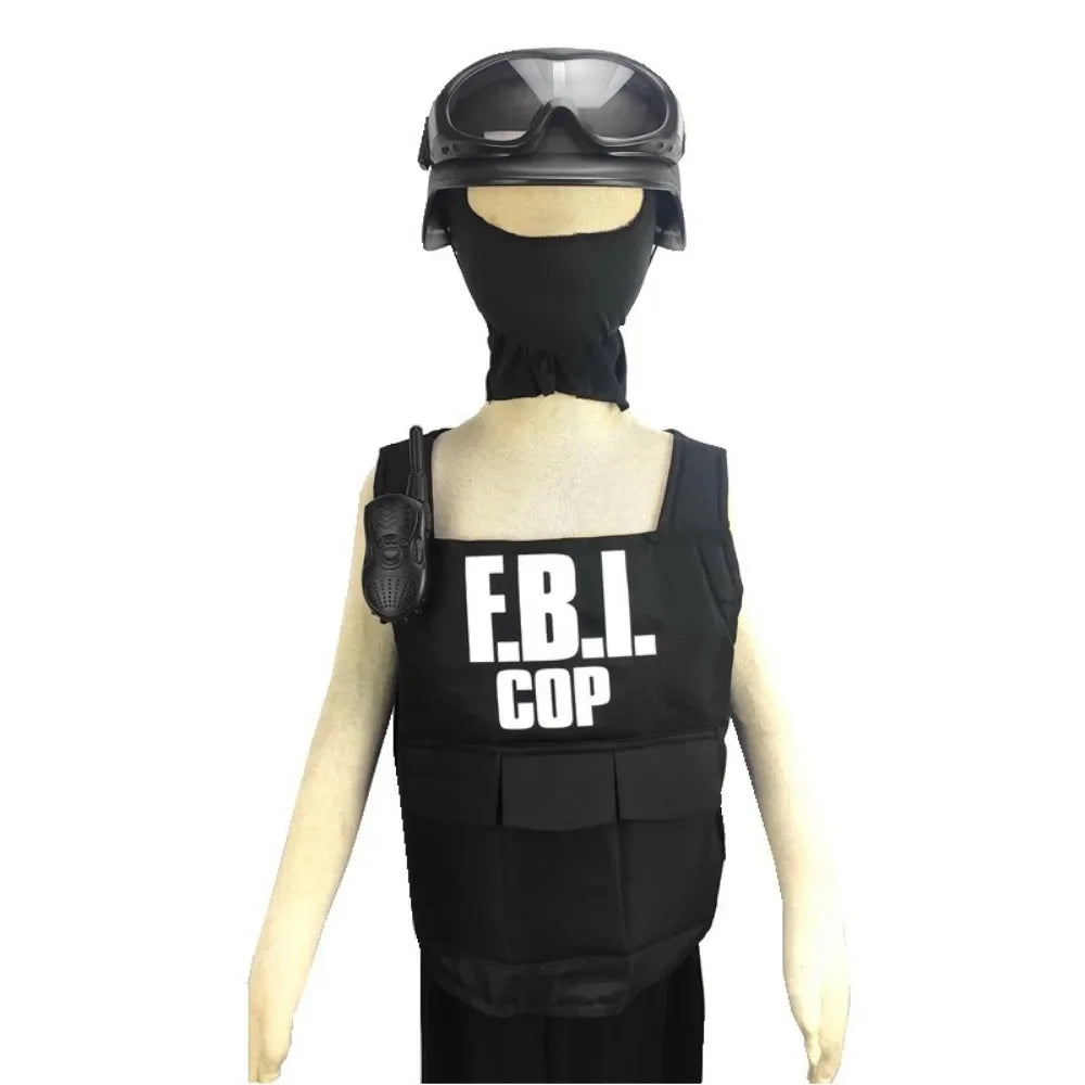 Venta caliente de disfraces para niños, traje a prueba de balas de agente del FBI, conjunto de 5 piezas, disfraces especiales de actuación policial, disfraces de Halloween