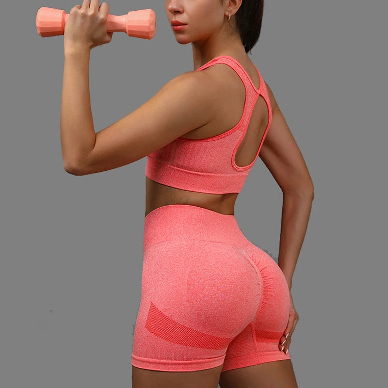 Conjunto de 2 piezas de yoga para mujer, sujetador deportivo con espalda hueca y pantalones cortos deportivos con realce de cadera, conjunto de entrenamiento sin costuras, conjunto de gimnasio, ropa deportiva, chándal