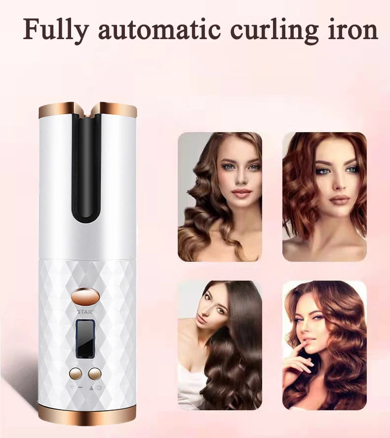 Rizador de pelo automático inalámbrico de cerámica con rotación automática, recargable por USB, pantalla LED, ondas de temperatura, portátil