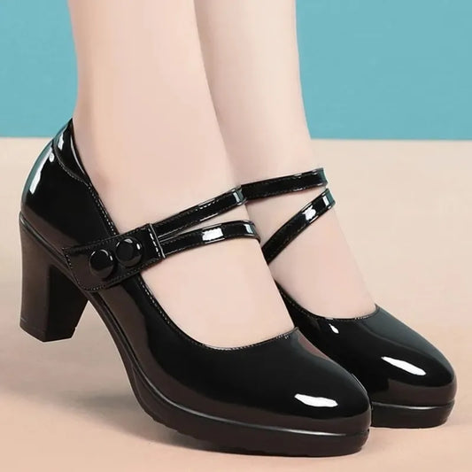 Zapatos de tacón cuadrado de piel sintética negros con punta redonda y peso ligero clásico para mujer de Cresfimix, zapatos de oficina para mujer, zapatos Azuis C6446c