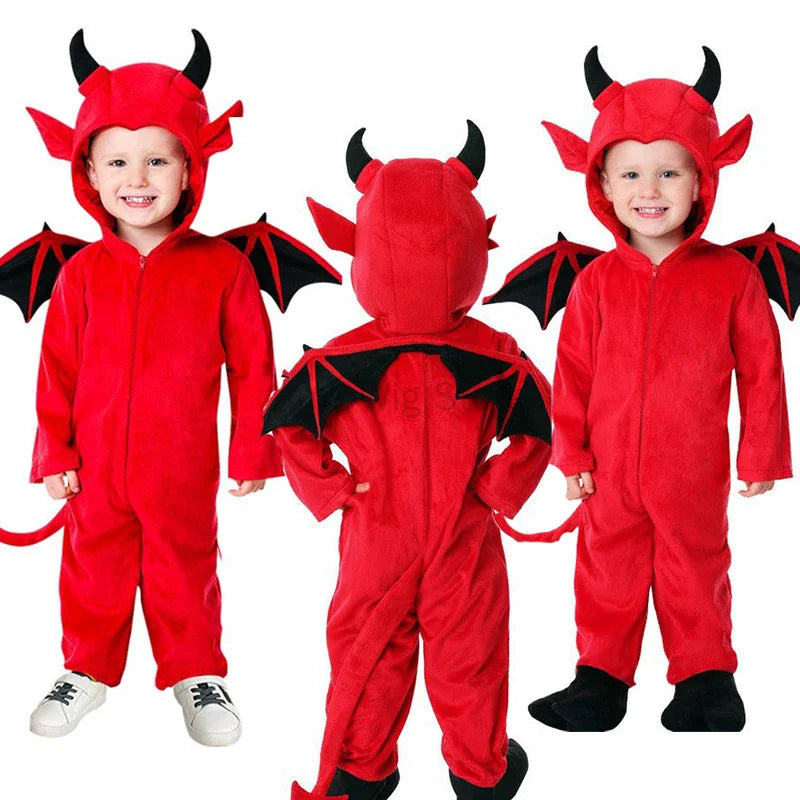 Disfraz de diablo rojo para niños, disfraz de cosplay unisex para niños, mono de Halloween para niños, disfraz de murciélago para niñas y monstruos, disfraz escolar