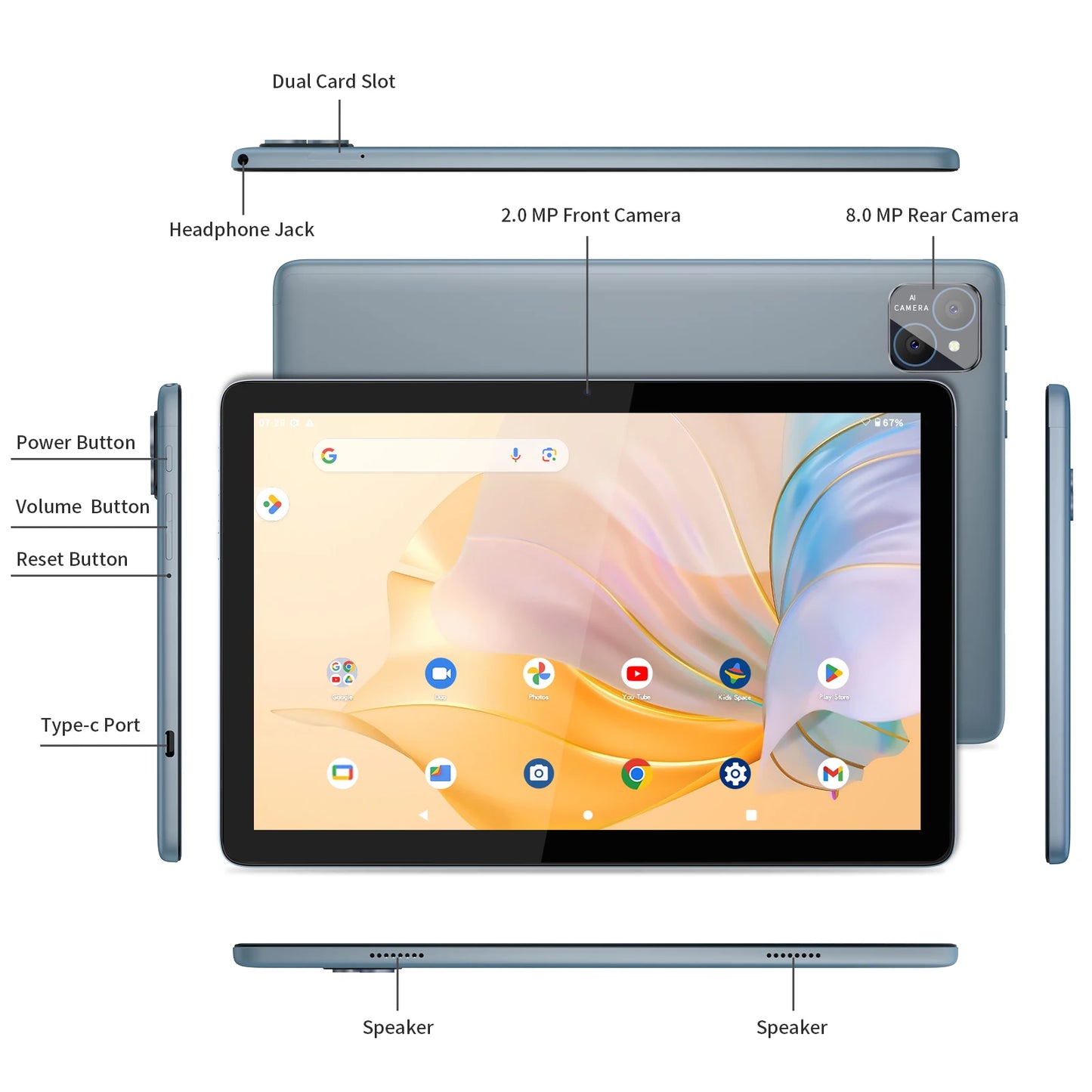 Tableta TAB11 Android 14 de 10 pulgadas, 8 GB (4 + 4 ampliables) de RAM + 128 GB de ROM, Octa Core, WiFi 5G, con teclado, mouse y estuche