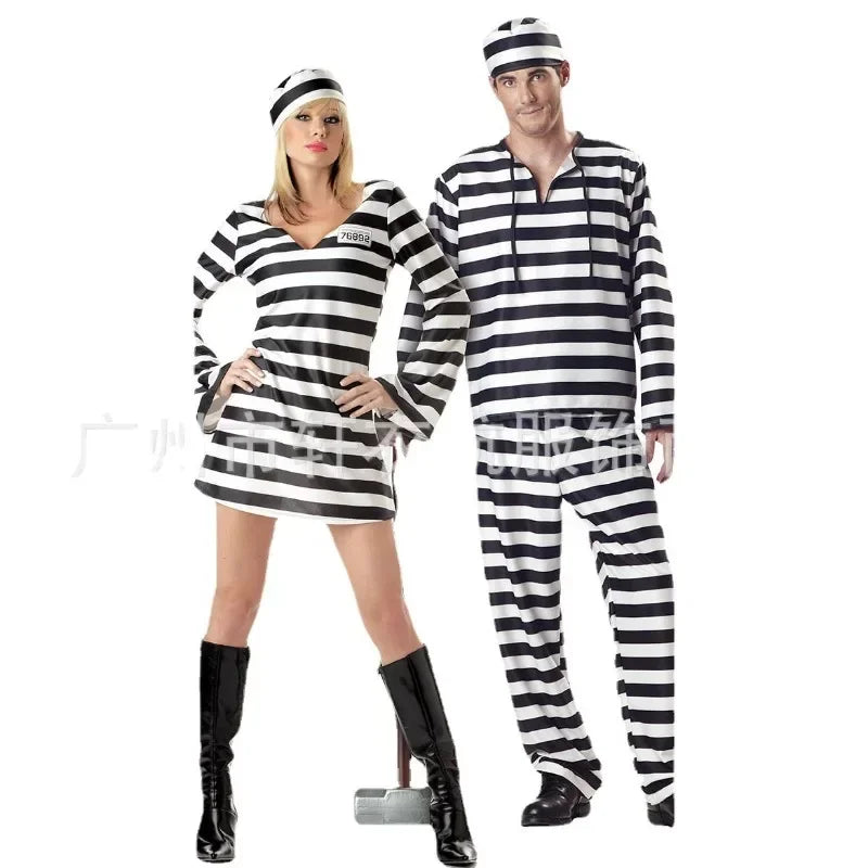 Disfraz de convicto para pareja, disfraz clásico de rayas para Halloween para mujer, disfraz de prisionero convicto para Halloween