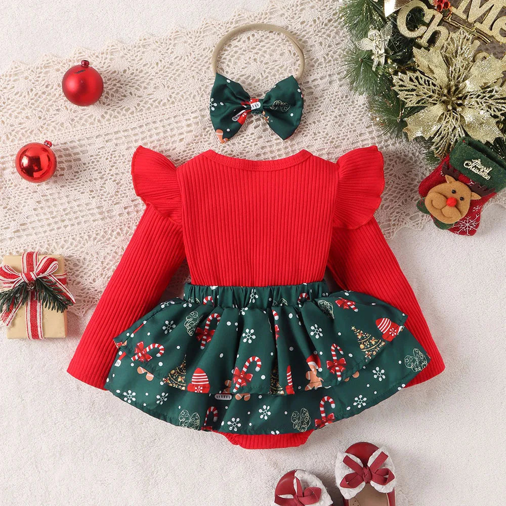 Ropa navideña para bebés y niñas pequeñas, mono con estampado de copos de nieve de dibujos animados, falda con lazo y pastel, regalo de Año Nuevo, vestido para bebé con tocado