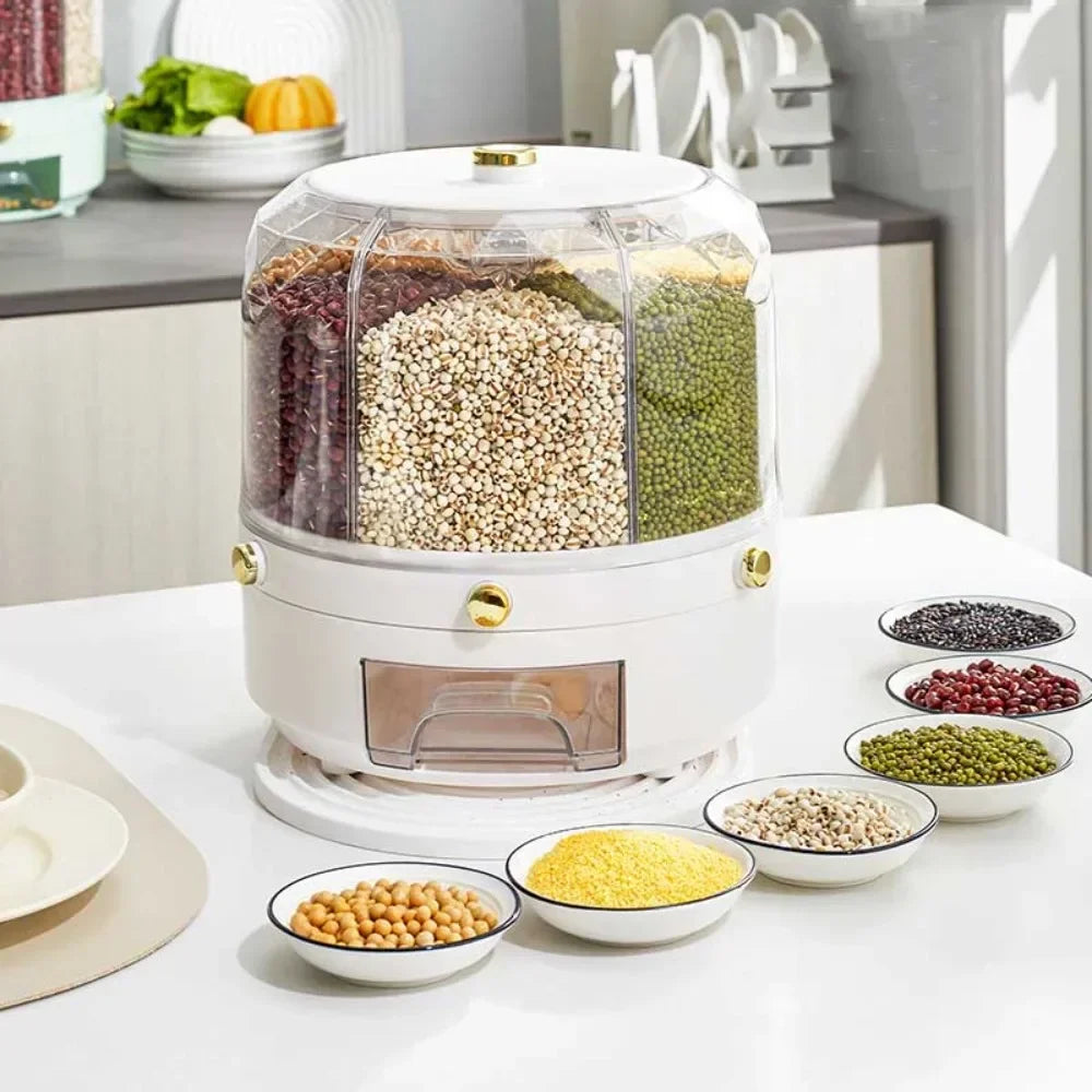 Caja de almacenamiento de cocina con rotación de 360 grados, dispensador de arroz, cubo sellado para cereales secos, contenedor de alimentos a prueba de humedad