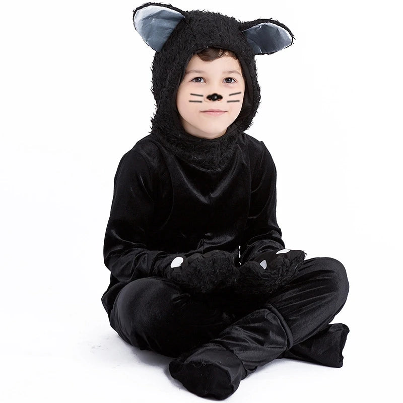 Disfraz de gato negro para niños, mono con guantes y sombrero, ideal para espectáculos en el escenario, fiestas de Halloween