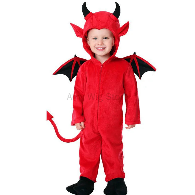 Disfraz de diablo rojo para niños, disfraz de cosplay unisex para niños, mono de Halloween para niños, disfraz de murciélago para niñas y monstruos, disfraz escolar