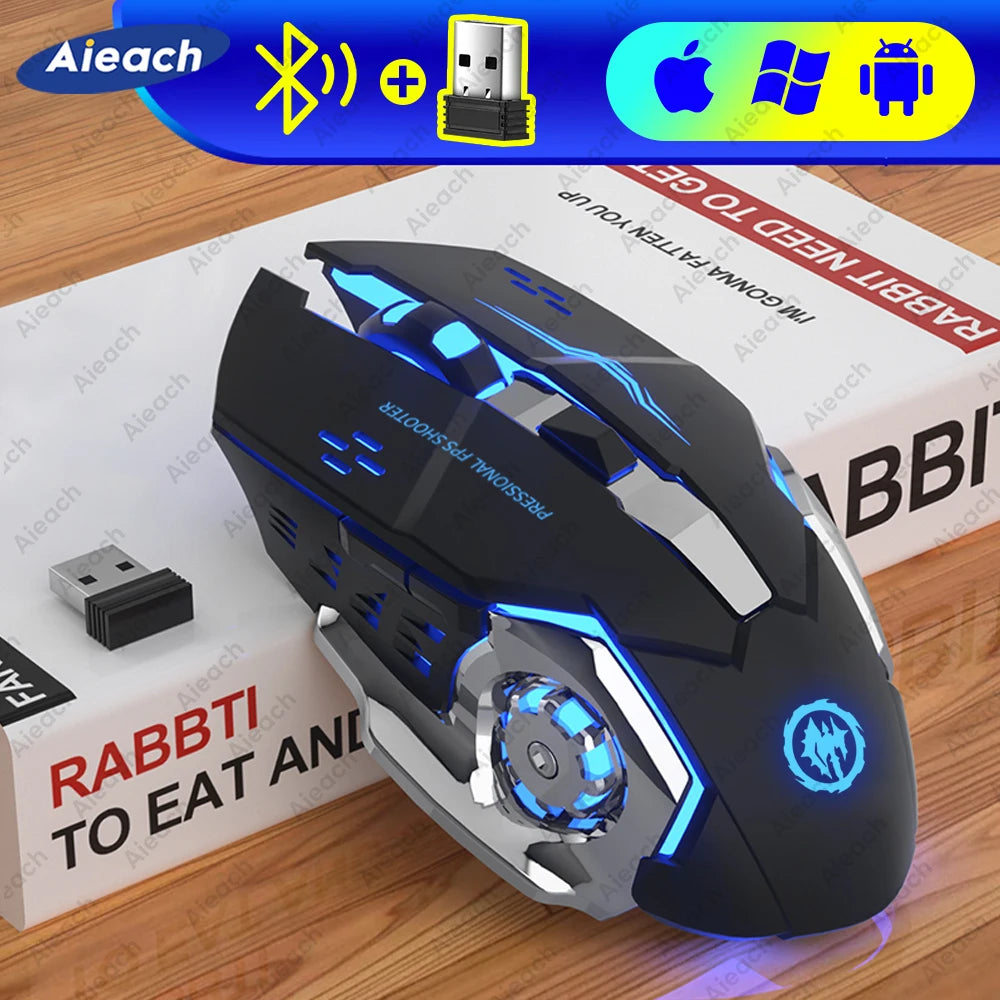 Ratón inalámbrico recargable para juegos, ratón silencioso con Bluetooth, ratón mecánico USB para deportes electrónicos, ratón retroiluminado para PC