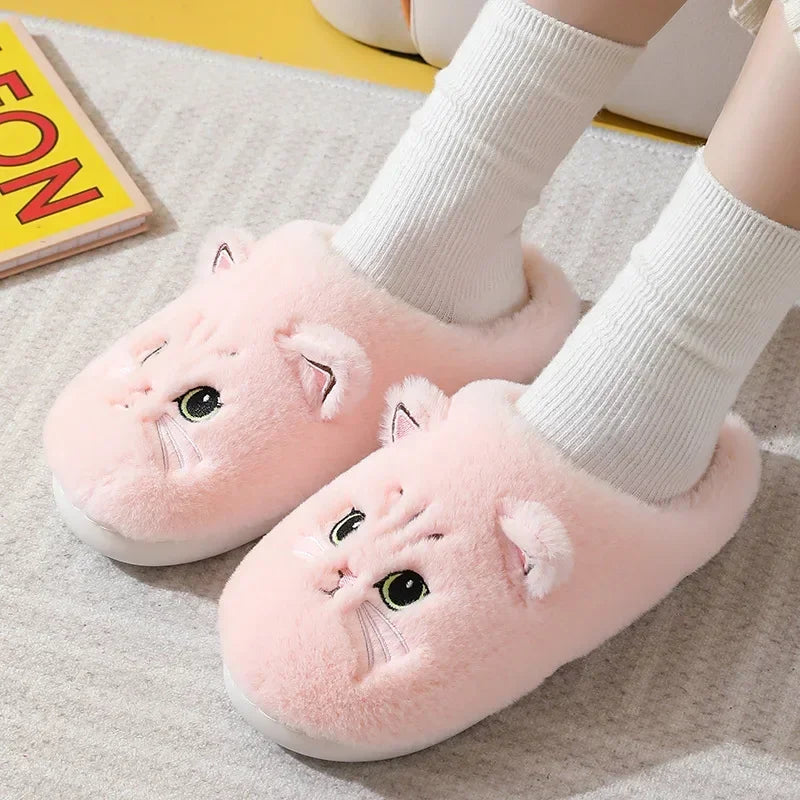 Bonitas pantuflas de gato peludas y esponjosas para mujer, pantuflas de plataforma para el hogar, pantuflas de felpa de invierno para hombre, pantuflas peludas para interiores, hermosos zapatos de algodón