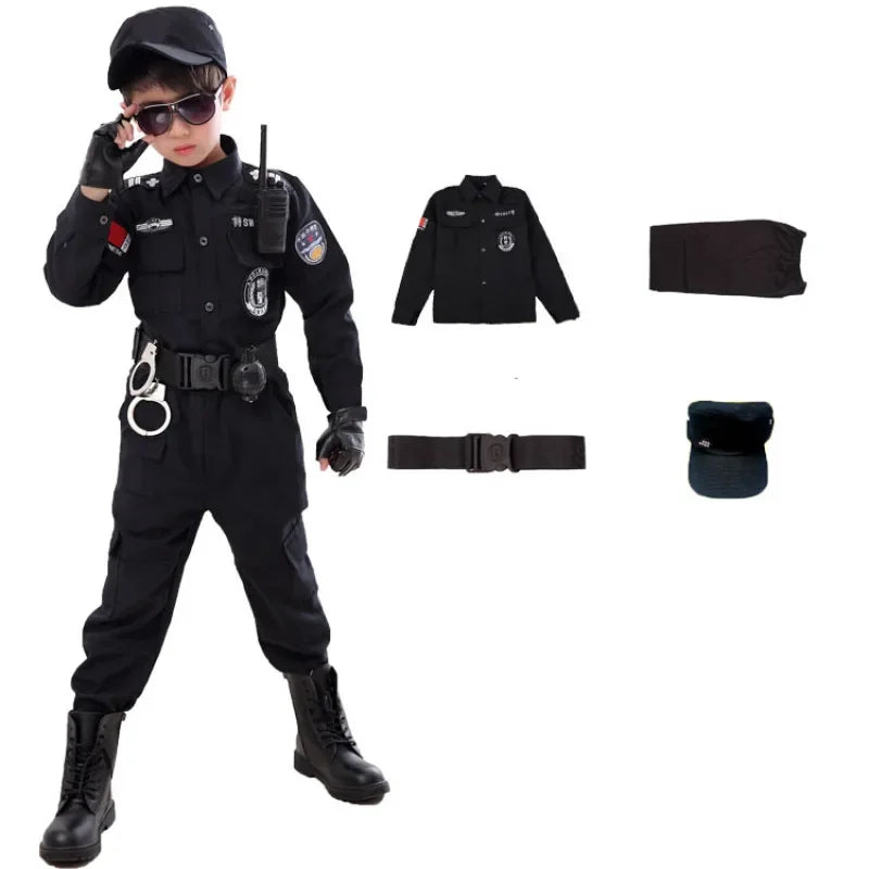 Disfraz de policía Swat para niños, disfraz de Halloween, uniforme de policía de carnaval para niños, 110-160 cm, oficial de policía del ejército para niños, soldado