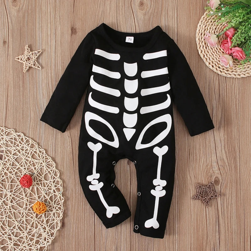 Disfraz de cosplay para bebé, mono con estampado de esqueleto, manga larga y cuello redondo, mono de fiesta de Halloween para bebés y niños pequeños, vestido elegante de 6 a 36 meses