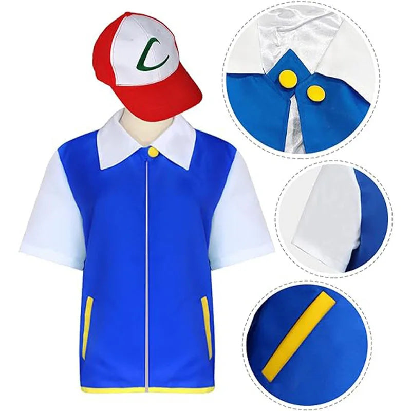 Disfraz de entrenador de anime para hombre y niño, disfraz de Ash Ketchum para adulto, para niña y mujer, conjunto de chaqueta azul, gorro y guantes para fiesta de Halloween