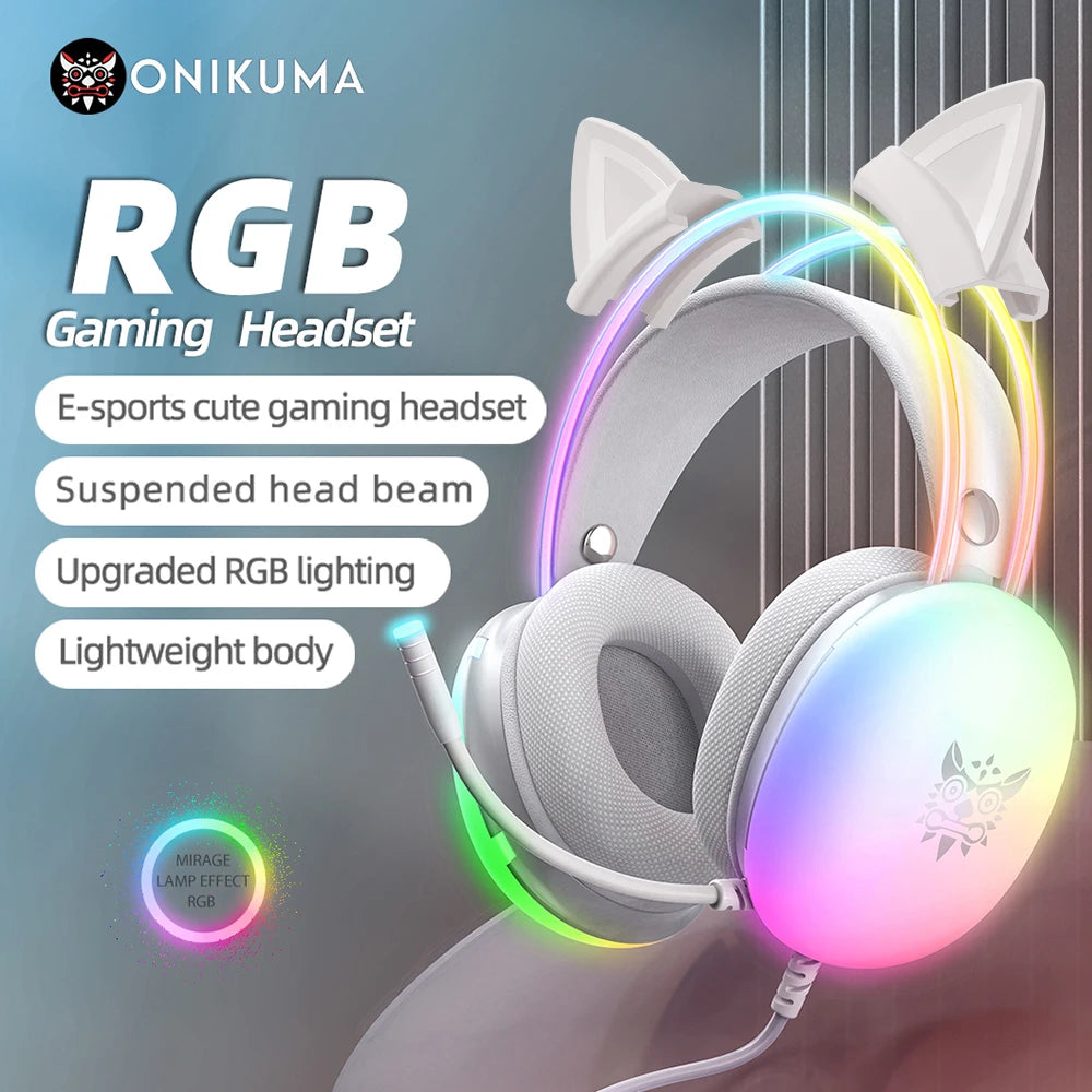 Auriculares para juegos profesionales con luz RGB dinámica completa, orejas de gato desmontables, auriculares con cable y micrófono para PC y PS5