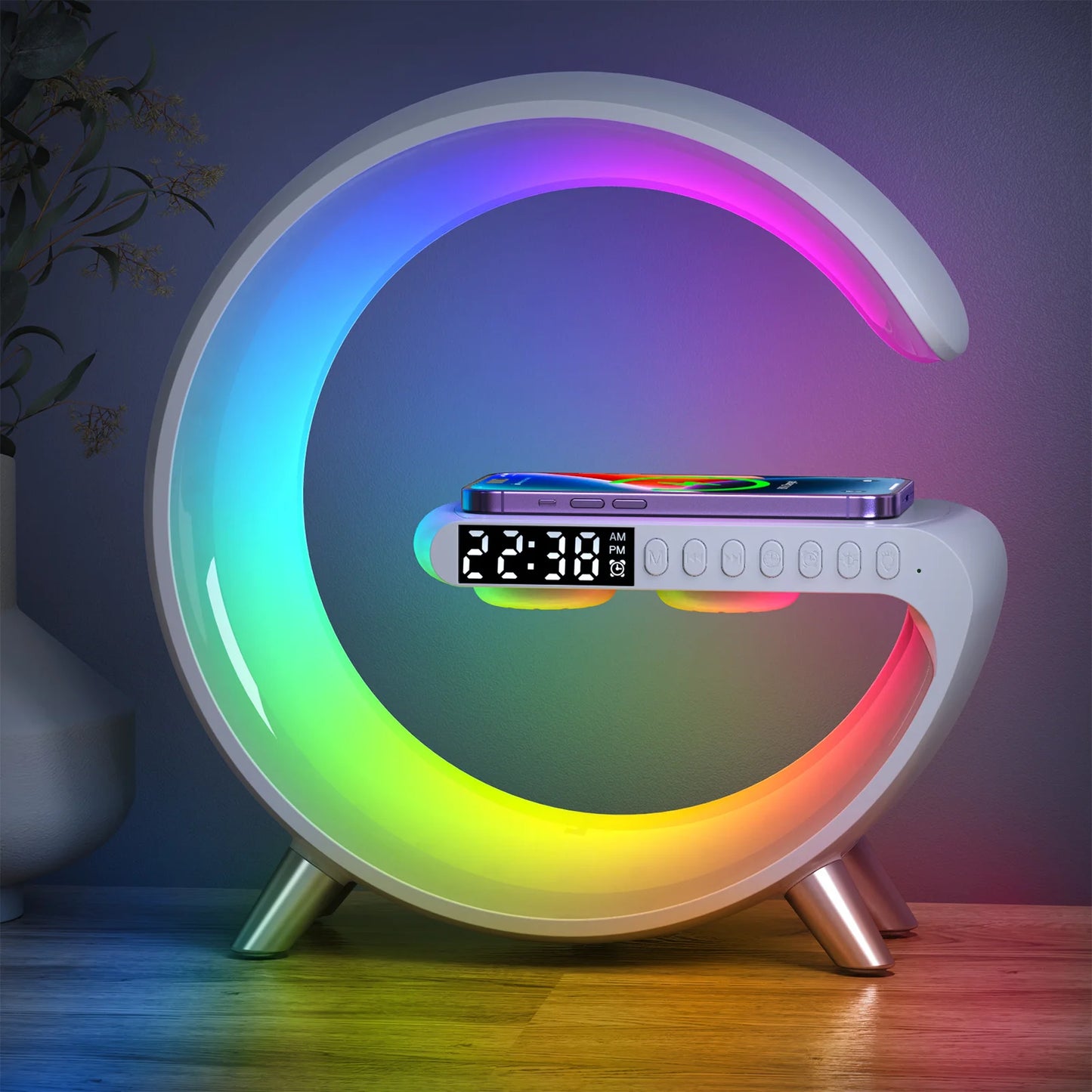 Multi Function G-Shaped Wireless Charger LED Lamp Alarm Clock Speaker Bedside Led desk Table Lamp With Wireless Charging