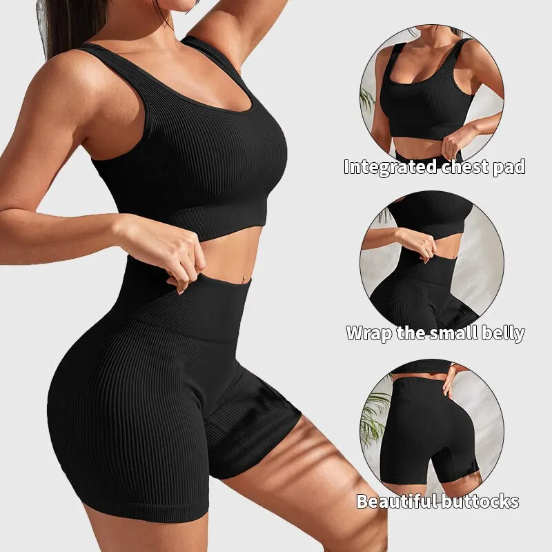 Conjuntos de yoga acanalados sin costuras, conjuntos de entrenamiento para mujeres, trajes de gimnasio de 2 piezas, camiseta sin mangas acanalada, pantalones cortos de cintura alta, conjuntos de fitness para correr