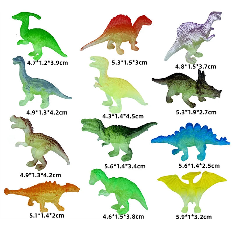 12 piezas/juego de mini figuras de dinosaurios de goma suave que brillan en la oscuridad, juguetes de simulación fluorescente, modelo de dinosaurio pequeño, decoración