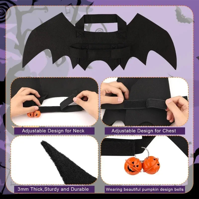 Ropa de Halloween para gatos y mascotas, disfraz divertido para perros, alas de murciélago artificiales con cascabeles, accesorio de cosplay para cachorros, ropa personalizada, suministros para mascotas